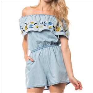 Love Tree Off the Shoulder Jean Romper with Floral Details